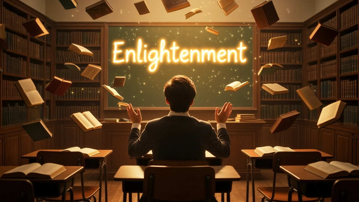 Mit jelent tanárnővel álmodni? – Részletes álomfejtés és értelmezés Egy diák ül egy iskolai teremben, könyvek lebegnek körülötte, a táblán a 'Enlightenment' felirat látható.