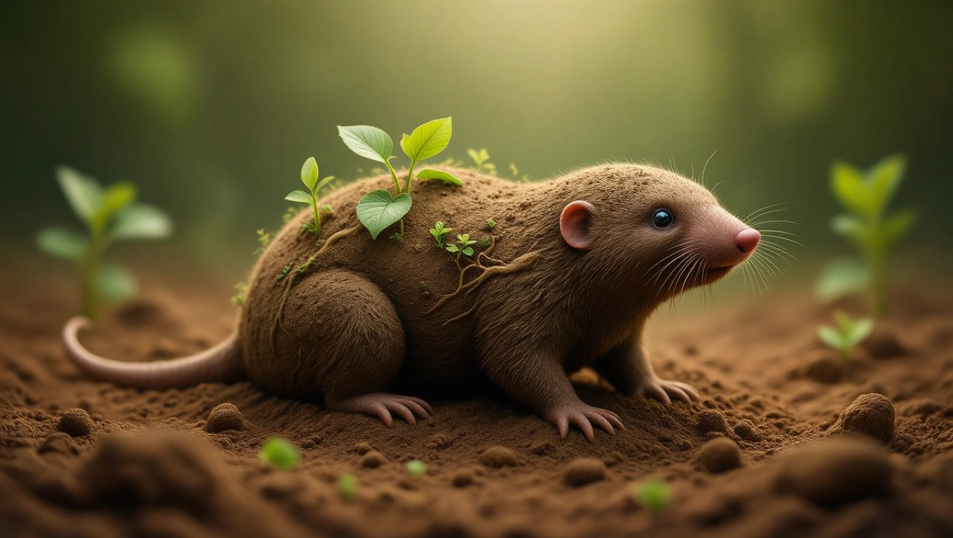 Mit jelent vakonddal álmodni? – Részletes álomfejtés és értelmezés Egy vakond, amelyen növények nőnek, földalatti környezetben.