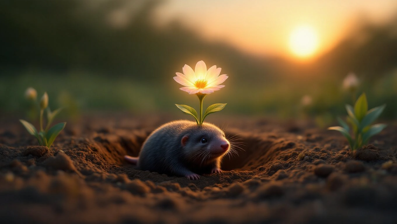 Mit jelent vakonddal álmodni? – Részletes álomfejtés és értelmezés Egy vakond virággal a fején, a földben ülve, naplementében.