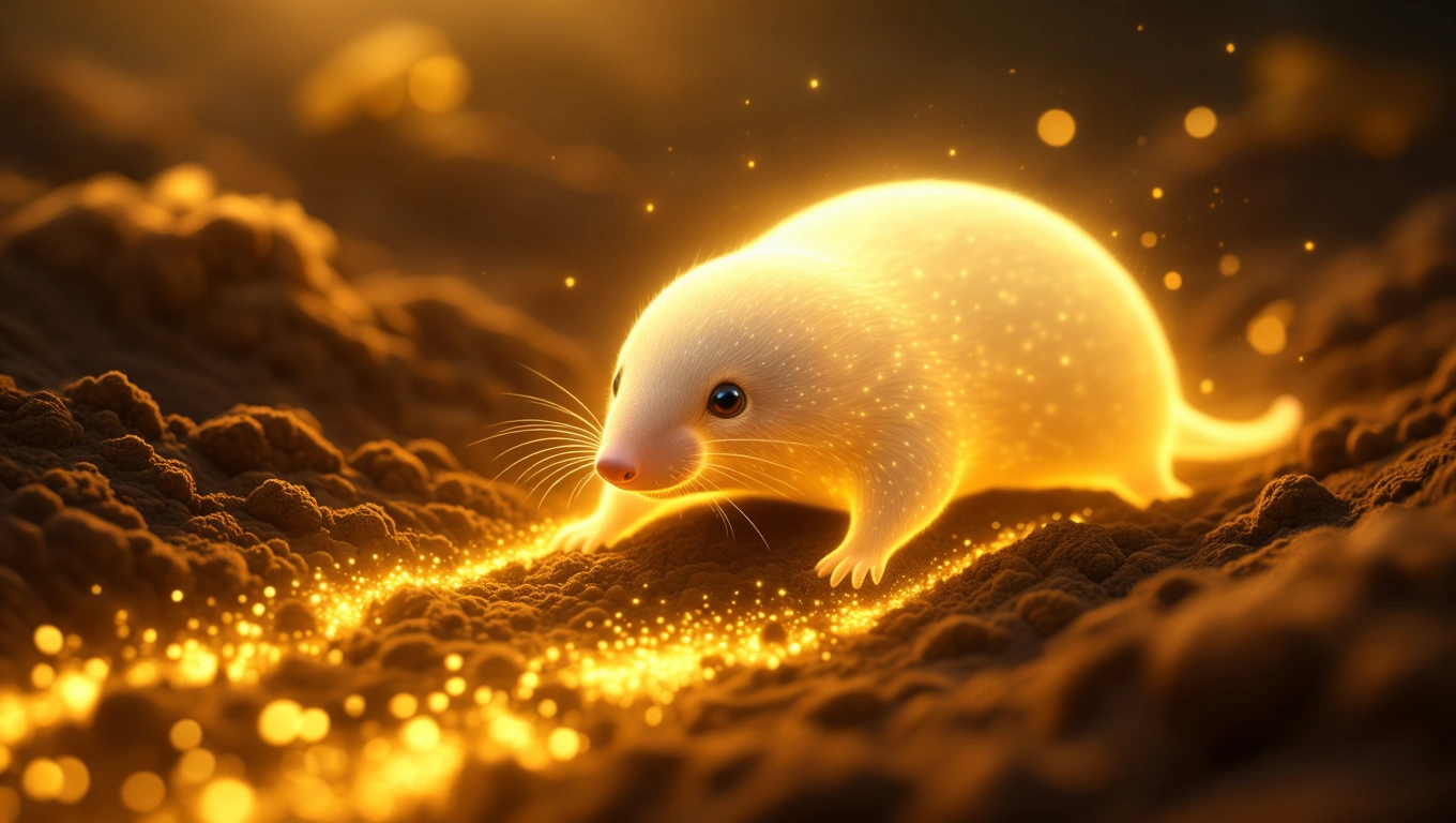 Mit jelent vakonddal álmodni? – Részletes álomfejtés és értelmezés Egy fénylő vakond mászik a föld alatt, csillogó homokkal körülvéve.