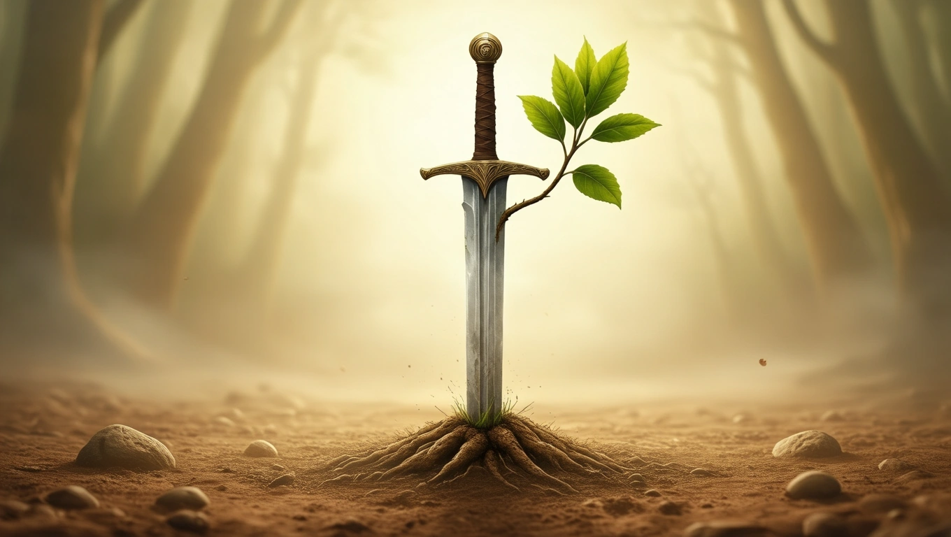 Mit jelent vereségről álmodni? – Részletes álomfejtés és értelmezés Egy kard, amely gyökerekkel és levelekkel nő a földből, szimbolizálva a vereséget és a megújulást.