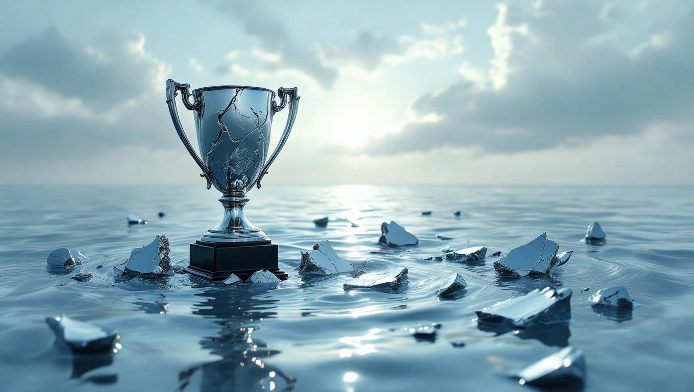 Mit jelent vereségről álmodni? – Részletes álomfejtés és értelmezés Egy törött serleg úszik a vízben, körülötte csillogó vízfelület és darabok.