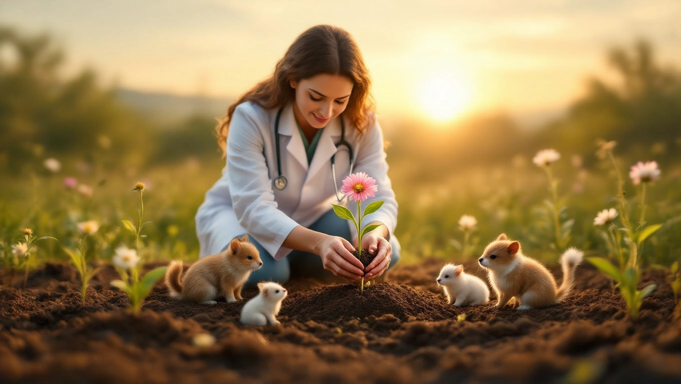 Mit jelent állatorvossal álmodni? – Részletes álomfejtés és értelmezés Egy állatorvos nő virágot ültet, miközben kis állatok figyelik.
