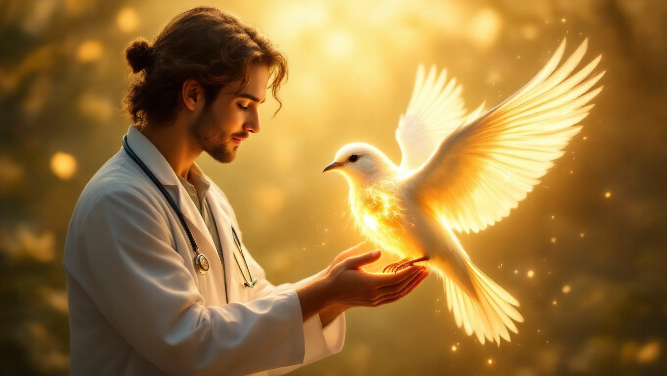 Mit jelent állatorvossal álmodni? – Részletes álomfejtés és értelmezés Egy állatorvos fehér galambot tart a kezében, háttérben aranyszínű fényekkel.