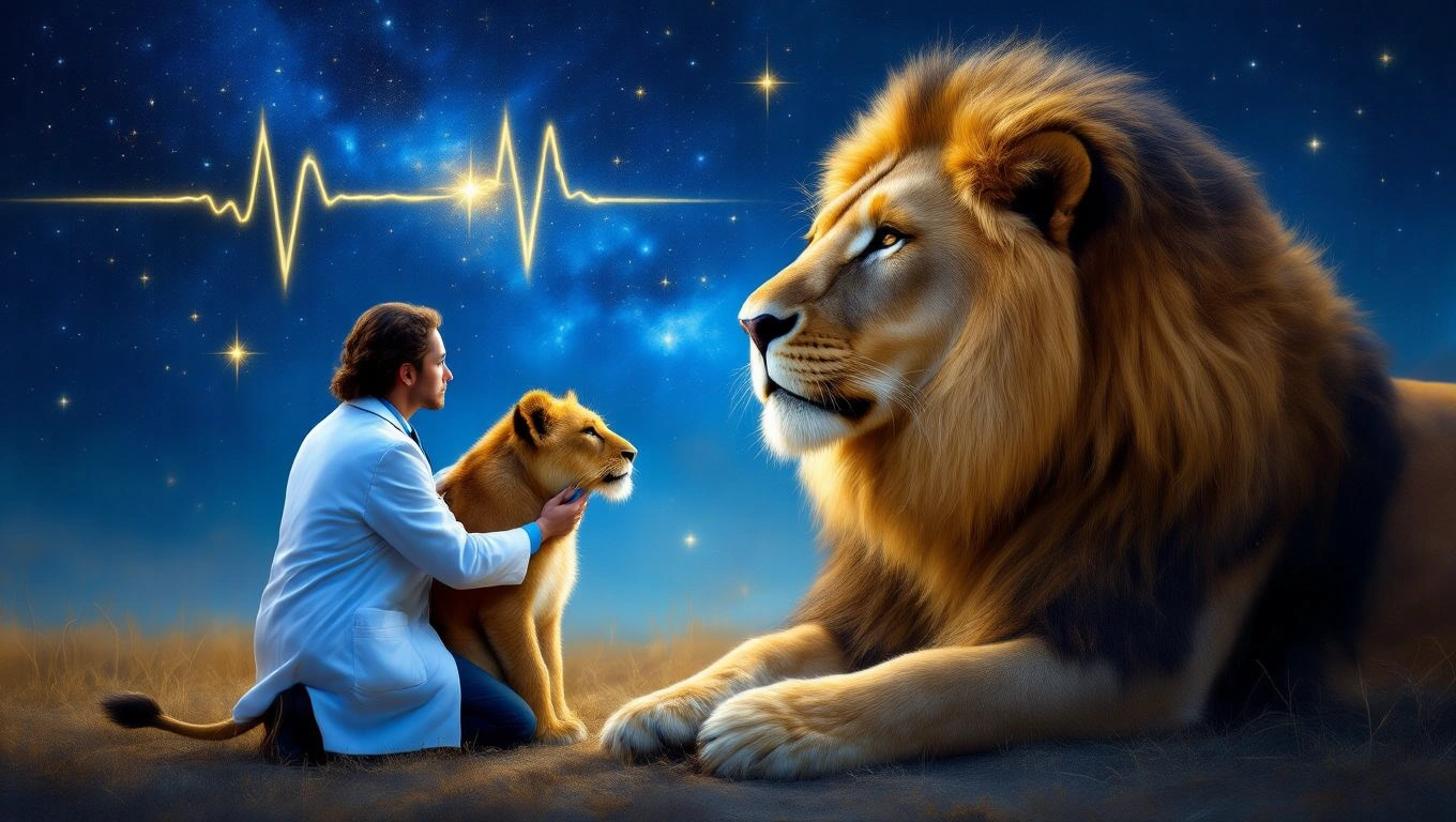 Mit jelent állatorvossal álmodni? – Részletes álomfejtés és értelmezés Egy állatorvos, aki egy oroszlánnal és egy kisoroszlánnal foglalkozik, csillagos háttér előtt.