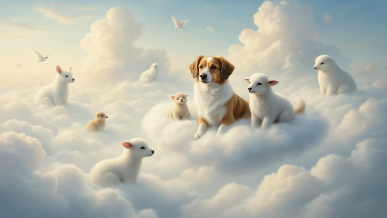 Mit jelent állatorvossal álmodni? – Részletes álomfejtés és értelmezés Egy kutya és több kisállat lebegnek felhők között, békés, álomszerű környezetben.