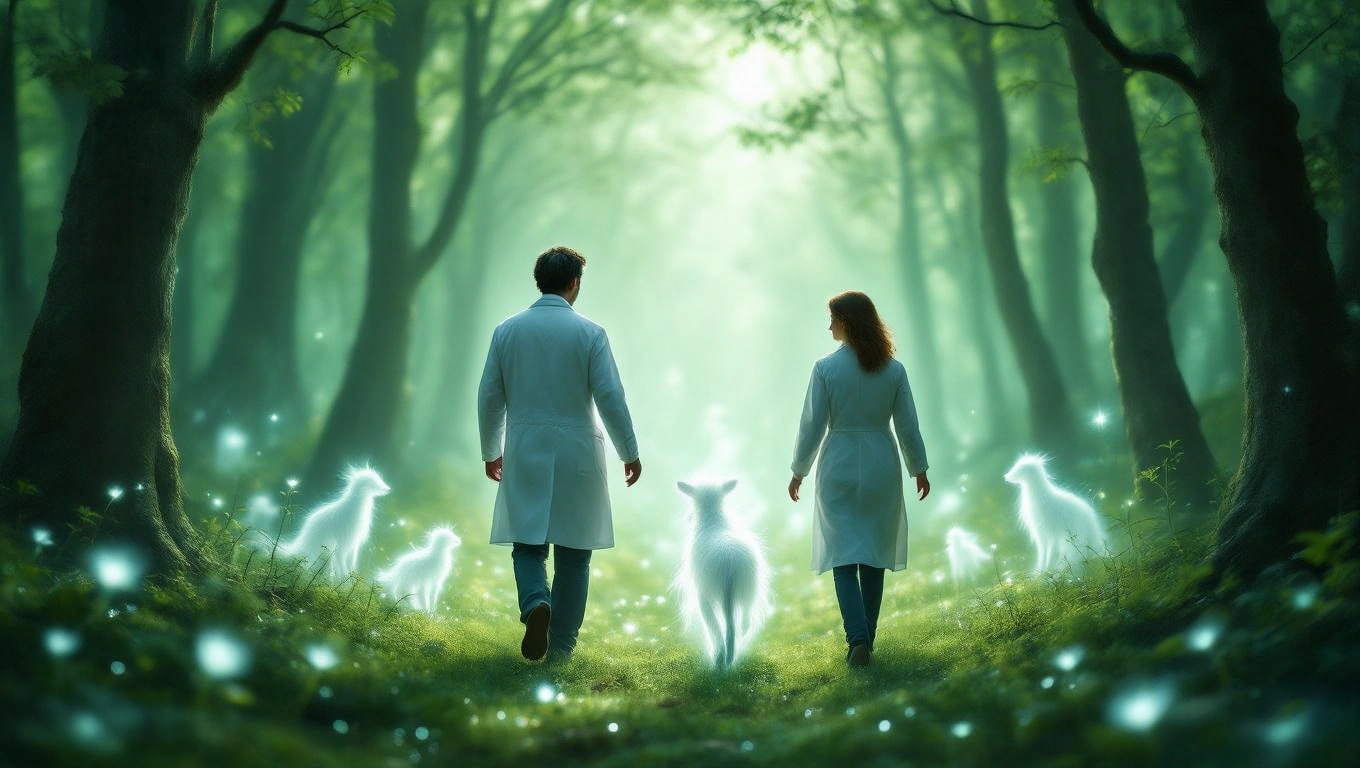 Mit jelent állatorvossal álmodni? – Részletes álomfejtés és értelmezés Két állatorvos sétál egy varázslatos erdőben, körülöttük szellemszerű állatok.