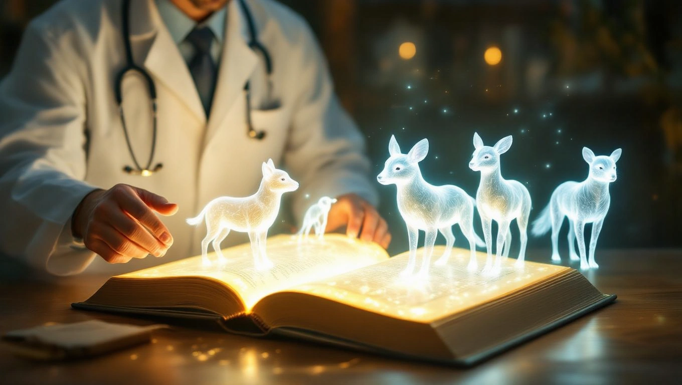 Egy állatorvos könyvet lapoz, miközben szellemszerű állatok jelennek meg.