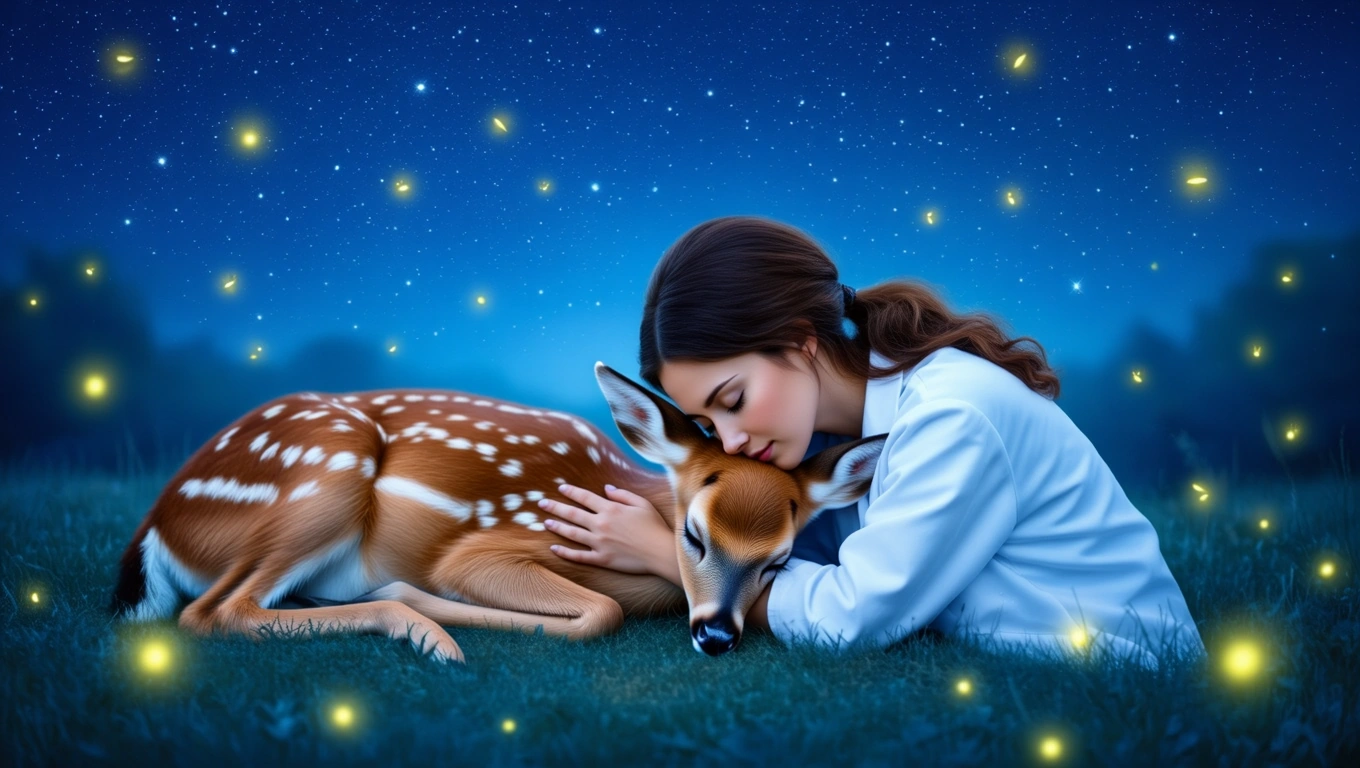 Mit jelent állatorvossal álmodni? – Részletes álomfejtés és értelmezés Egy fiatal nő állatorvosi köpenyben, egy őzike mellett ülve, gyengéden simogatja.