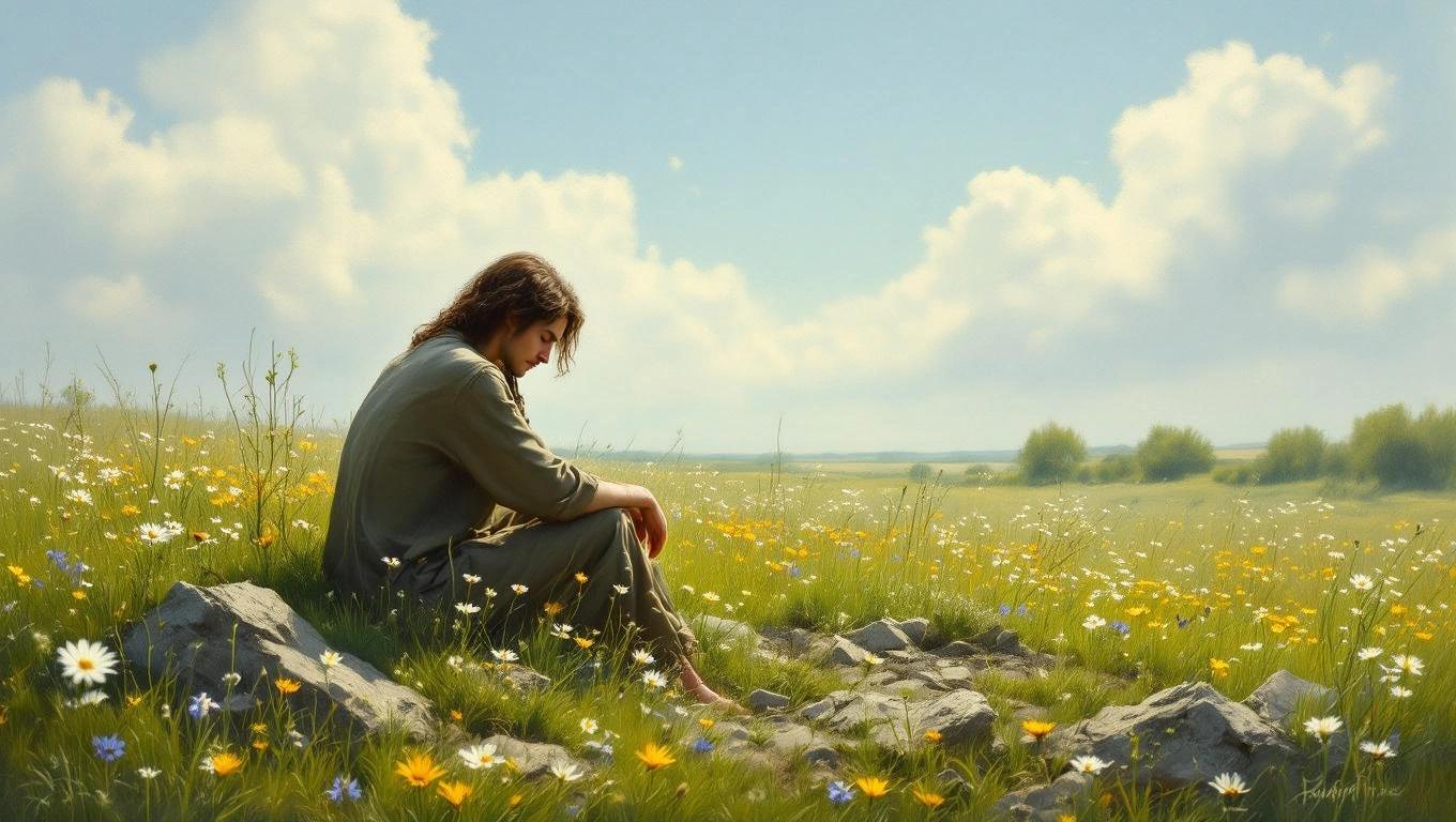 Mit jelent vereségről álmodni? – Részletes álomfejtés és értelmezés Egy fiatal férfi ül a virágos mezőn, mély gondolatokba merülve.