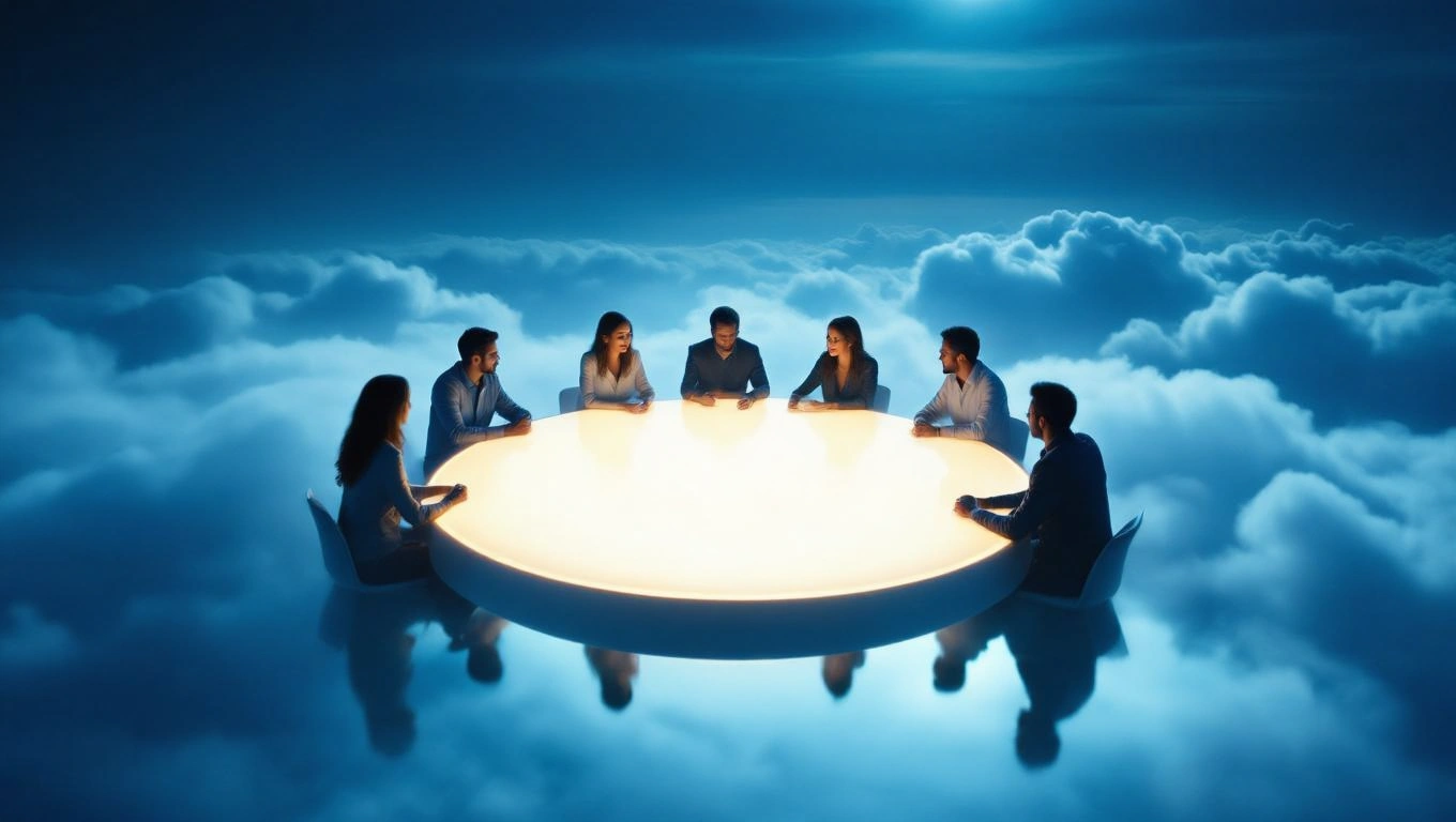 Mit jelent meetingről álmodni? – Részletes álomfejtés és értelmezés Egy csoport ember ül egy világító asztal körül, felhők között.