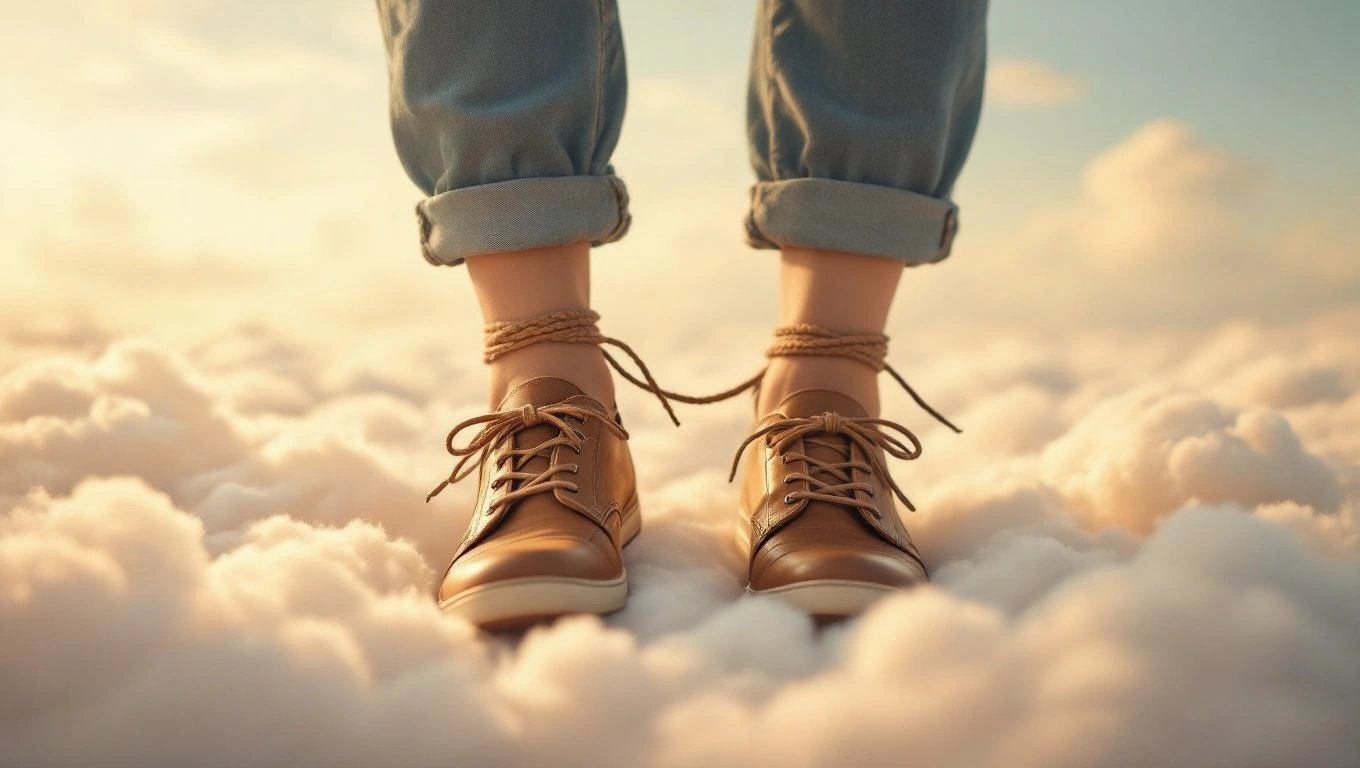 Mit jelent balfácánnal álmodni? – Részletes álomfejtés és értelmezés Egy ember lábai láthatók, amint felhőkön áll, barna cipőben és kék farmerben.