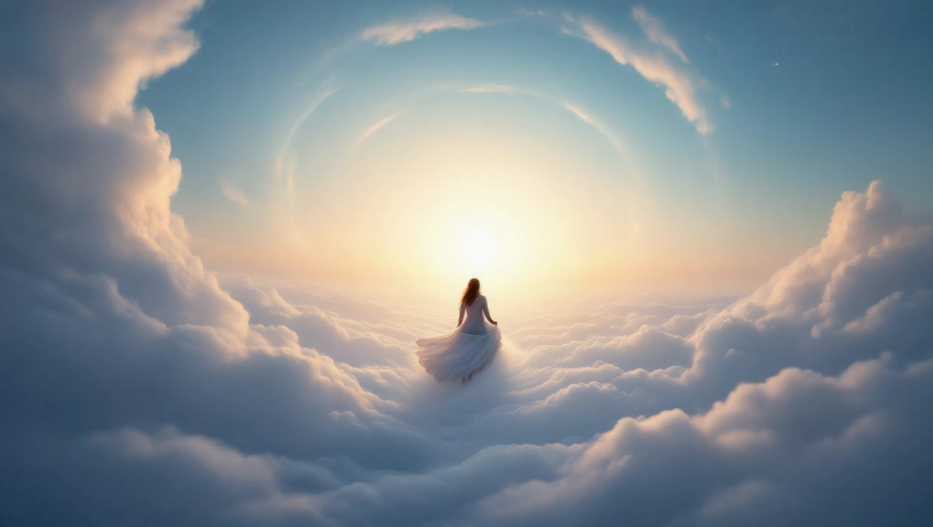 Mit jelent orkánnal álmodni? – Részletes álomfejtés és értelmezés Egy nő áll a felhők között, a naplemente fénye körülötte ragyog.
