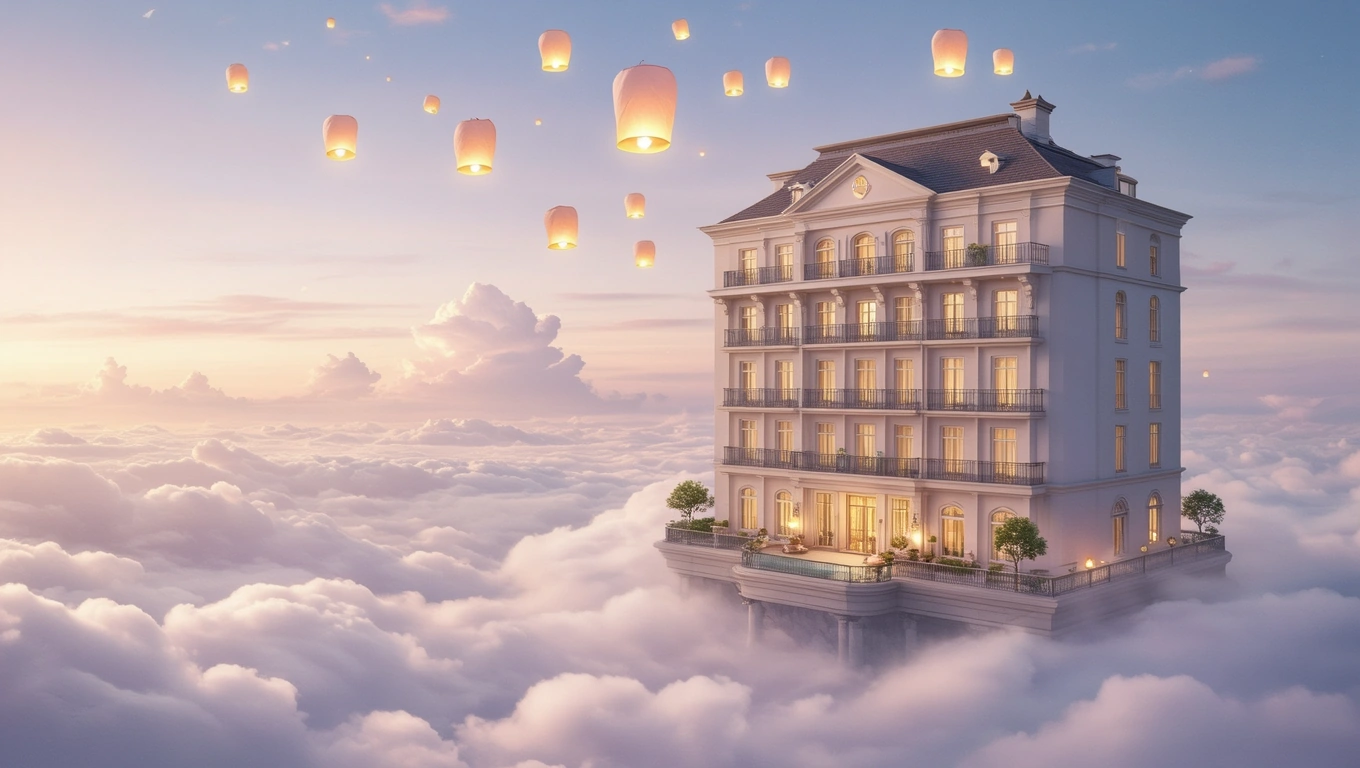 Egy elegáns hotel lebeg a felhők felett, lámpások világítanak az égen.