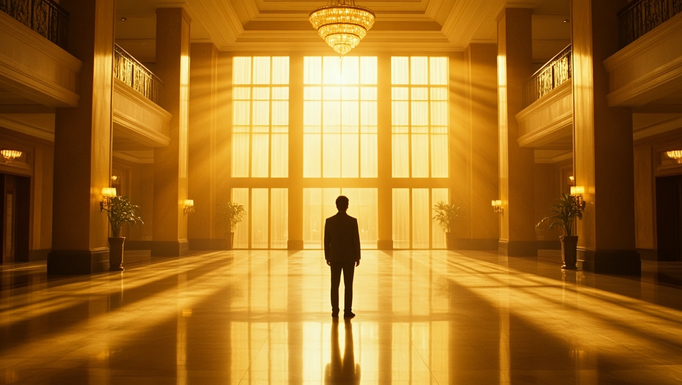Mit jelent hotellal álmodni? – Részletes álomfejtés és értelmezés Egy férfi áll egy fényes hotel lobbyjában, a napfény átsüt a nagy ablakokon.