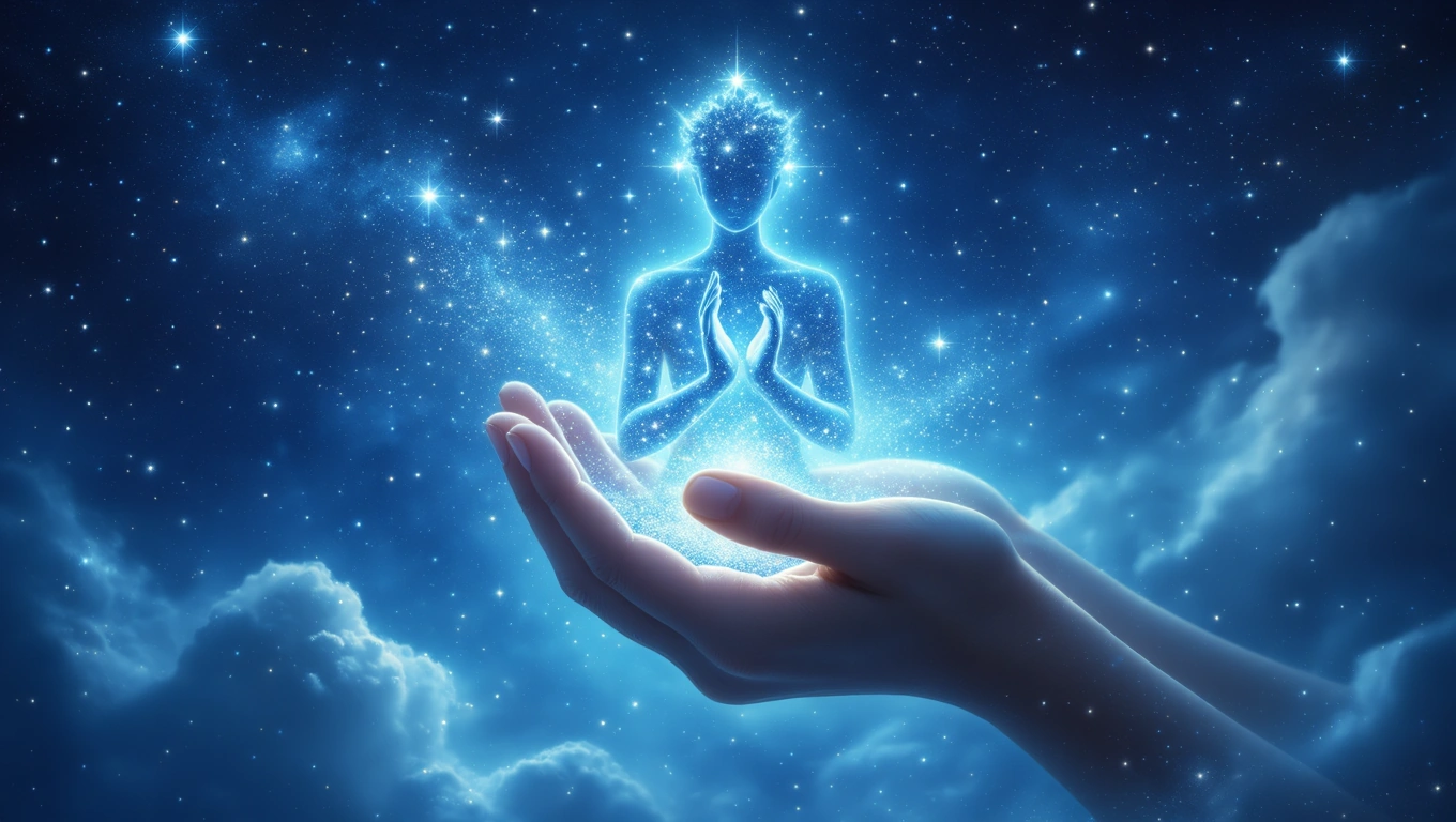Mit jelent kölcsönnel álmodni? – Részletes álomfejtés és értelmezés Két kéz tart egy fénylő, szellemi alakot a csillagos ég alatt.