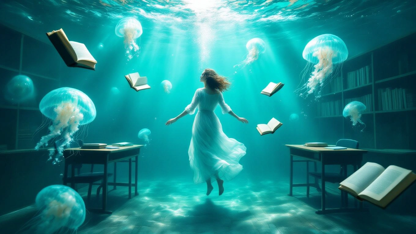 Mit jelent tanárnővel álmodni? – Részletes álomfejtés és értelmezés Egy nő lebeg az óceán mélyén, körülötte könyvek és medúzák úsznak.
