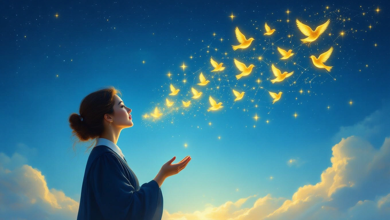 Egy nő álmodozva néz az égre, aranymadarak repülnek körülötte.