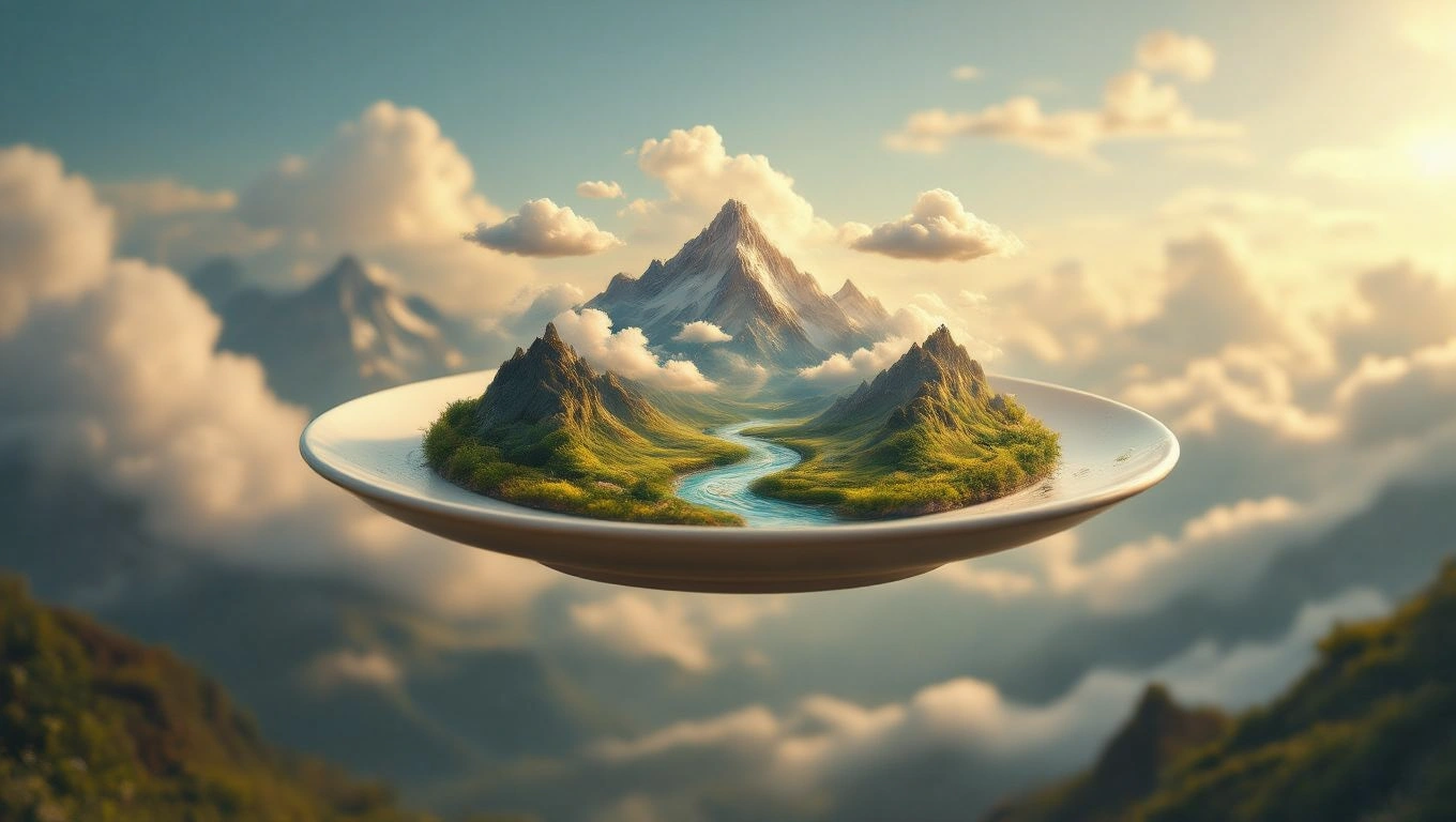 Egy tányéron hegyek és folyók láthatók, álomszerű tájban.