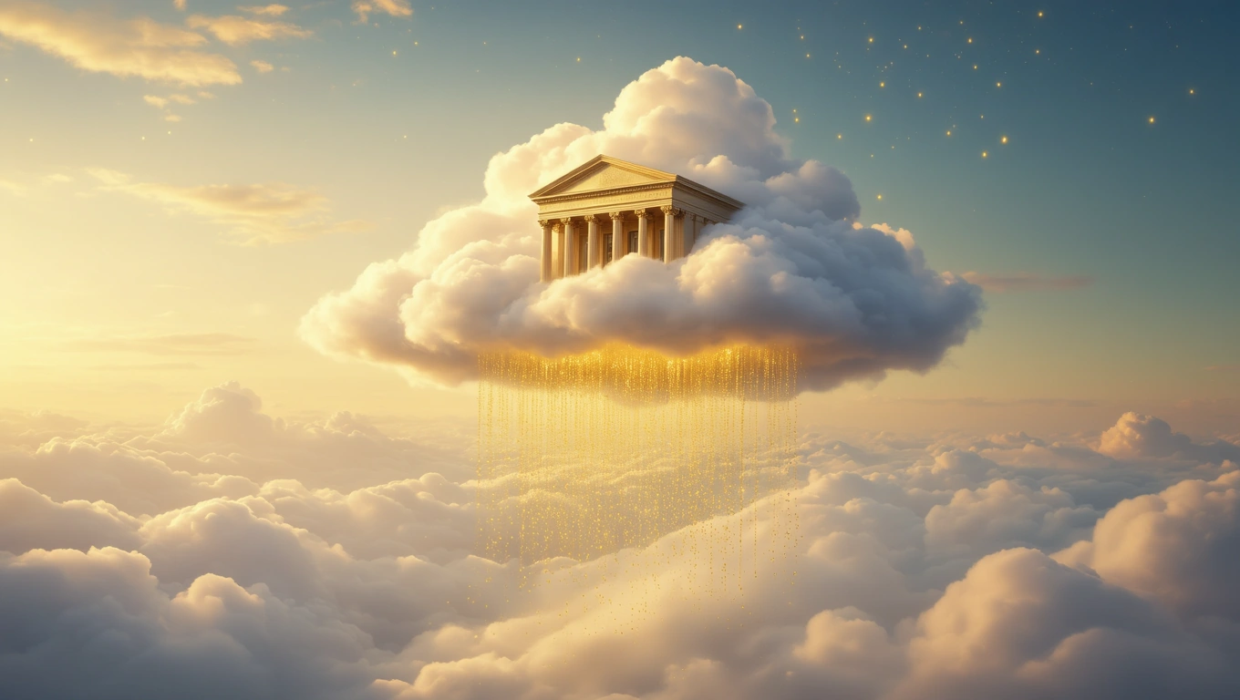 Mit jelent hitellel álmodni? – Részletes álomfejtés és értelmezés Egy felhőn álló, klasszikus épület aranyesővel, álomszerű látvány.