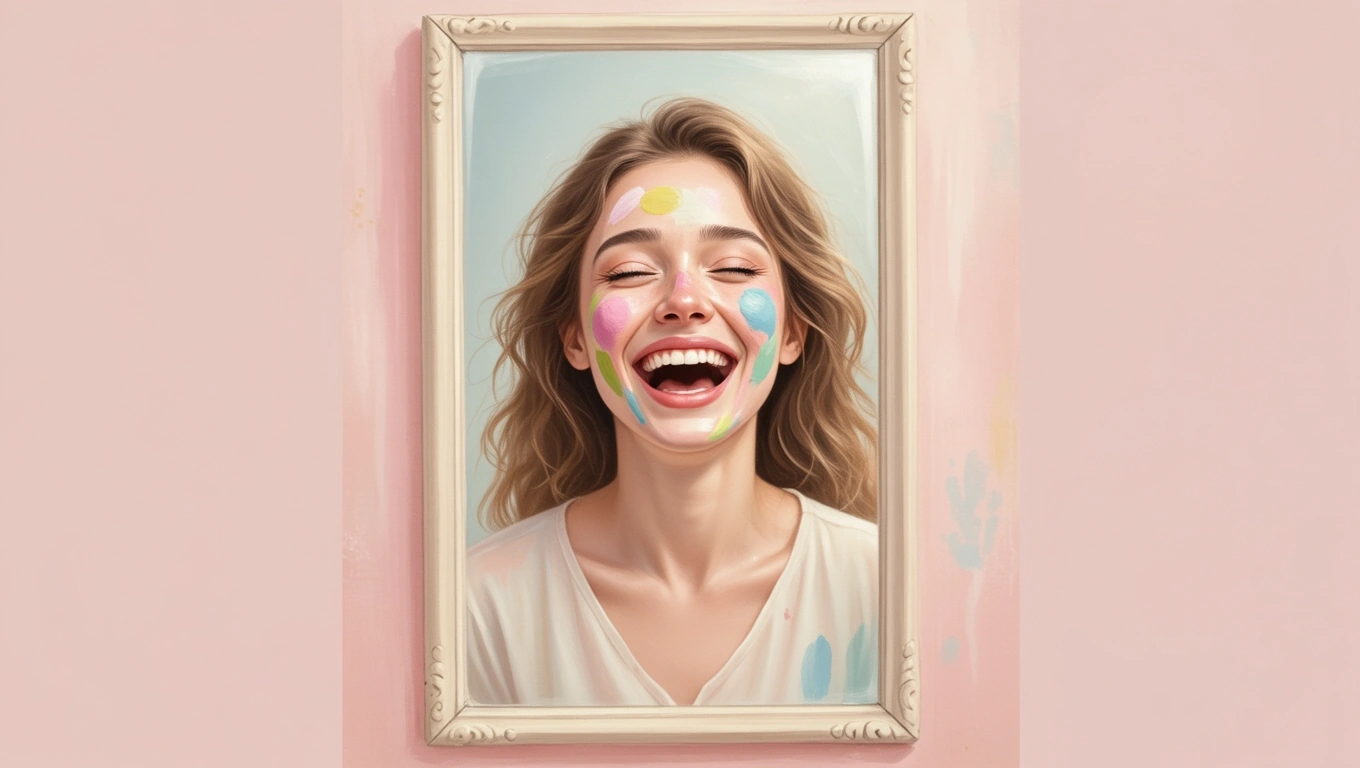 Mit jelent balfácánnal álmodni? – Részletes álomfejtés és értelmezés Egy fiatal nő nevet, arca színes festékkel van díszítve, vidám hangulatban.