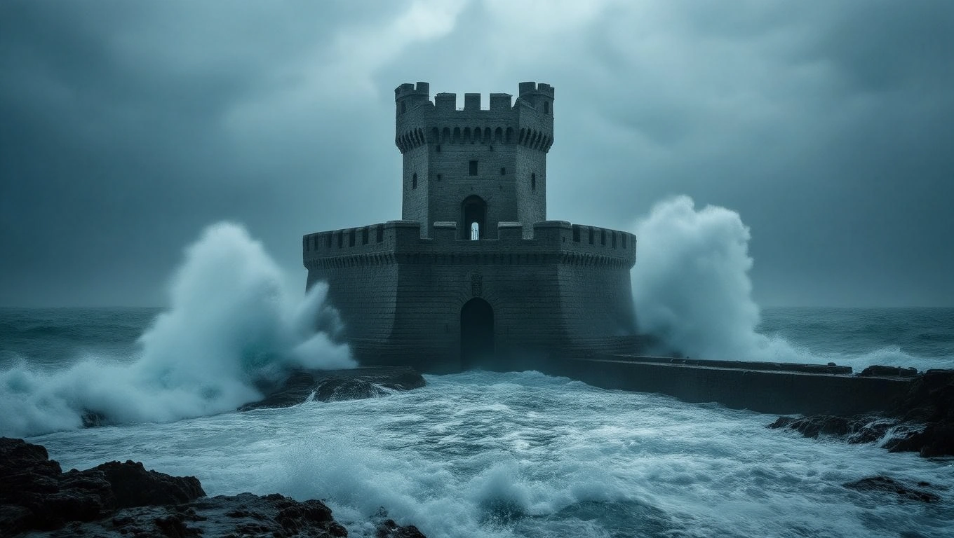 Egy bástya áll a viharos tengerparton, hullámok csapnak a falaihoz.