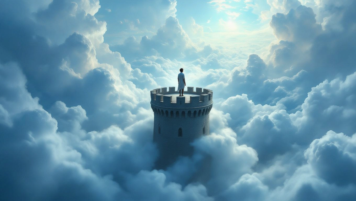 Egy bástyán álló figura a felhők felett, a napfényben.