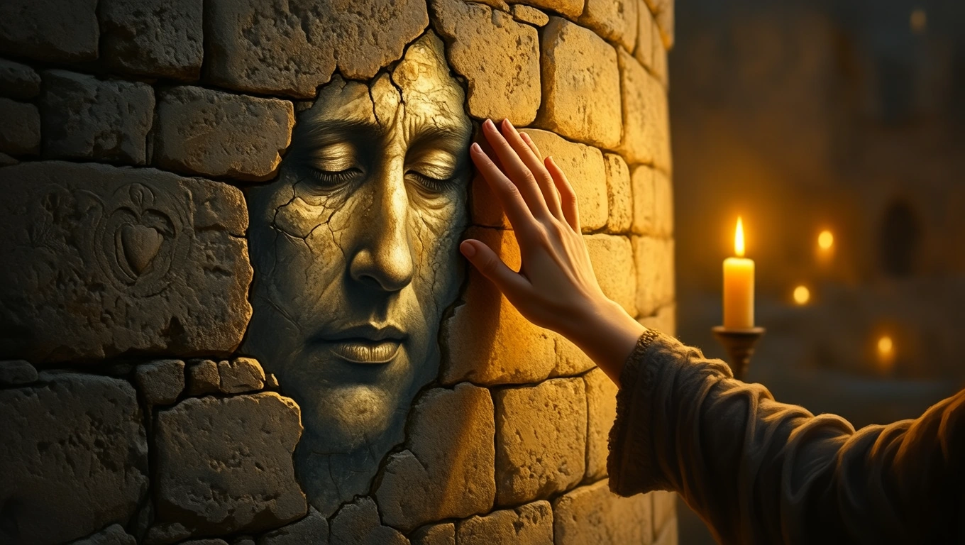 Egy bástyafalra simuló kéz érinti a falba vésett arcot, gyertyafény mellett.