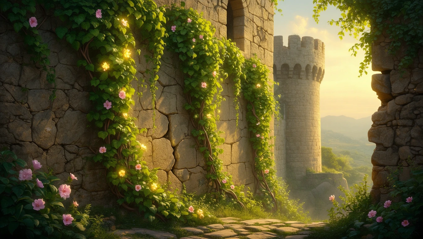 Egy bástya és virágzó növények láthatók egy napfényes tájban.