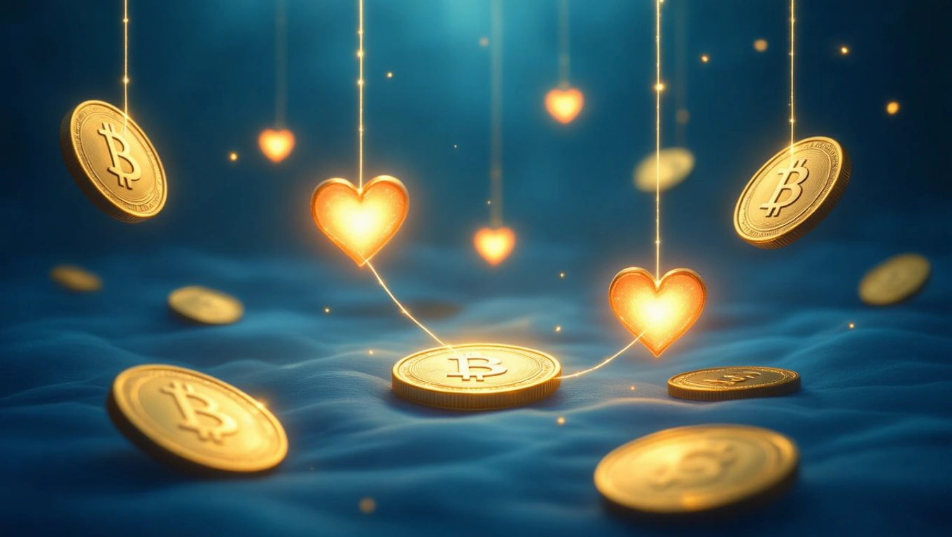 Mit jelent hitellel álmodni? – Részletes álomfejtés és értelmezés Arany színű bitcoin érmek és szív alakú ikonok lebegnek egy kék háttér előtt.