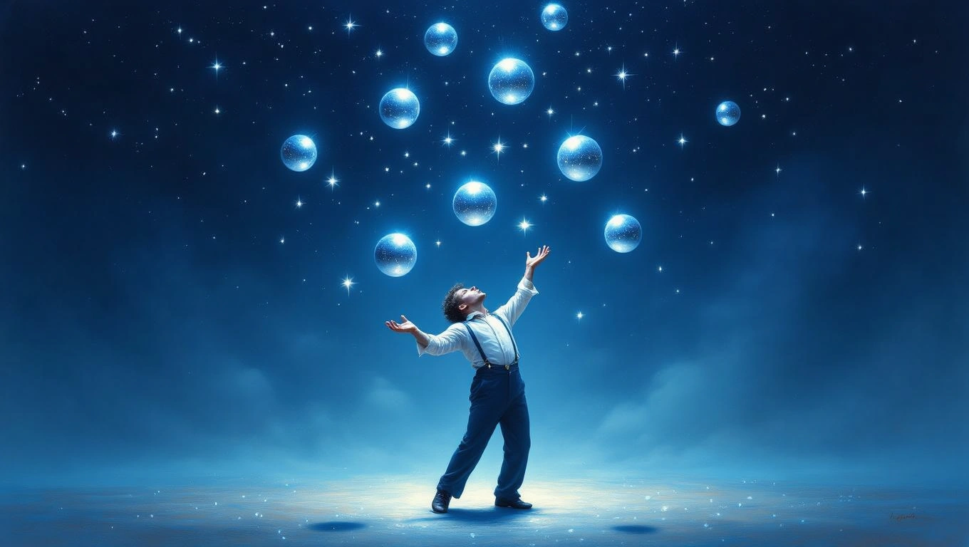 Mit jelent balfácánnal álmodni? – Részletes álomfejtés és értelmezés Egy fiú áll a csillagos ég alatt, buborékokat egyensúlyozva a kezével.
