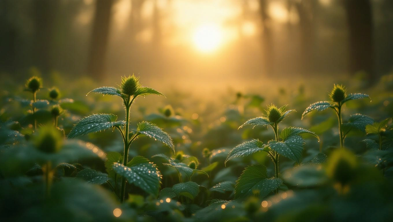 Mit jelent csalánnal álmodni? – Részletes álomfejtés és értelmezés Friss, zöld csalánlevelek a napfényben, harmatcseppekkel borítva.