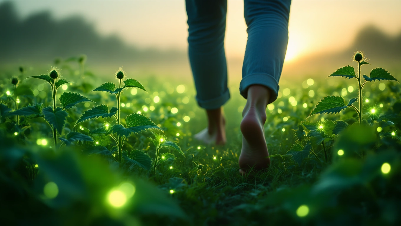 Egy mezőn sétáló ember lábai, körülötte csalán növények ragyogó fényben.