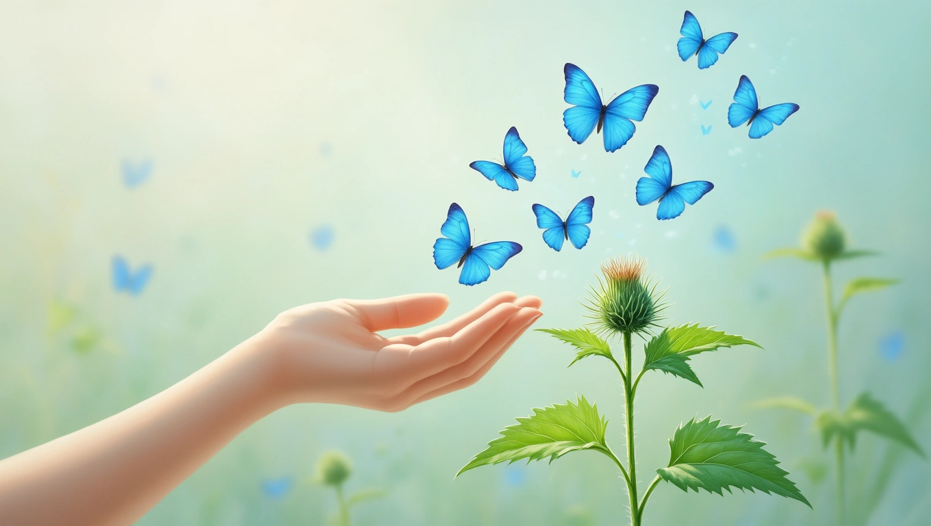 Mit jelent csalánnal álmodni? – Részletes álomfejtés és értelmezés Egy kéz nyúlik a csalán felé, körülötte kék pillangók repkednek.