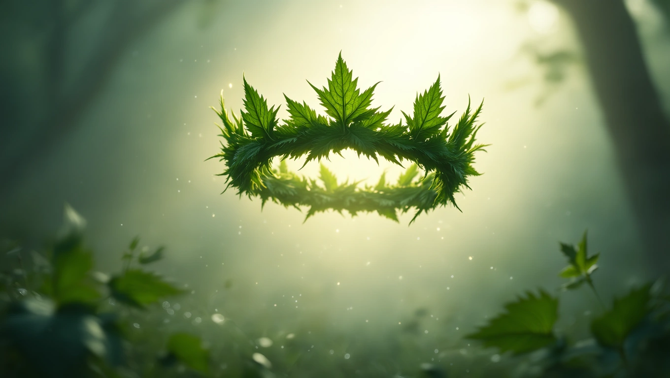 Mit jelent csalánnal álmodni? – Részletes álomfejtés és értelmezés Egy lebegő csalánkoszorú, zöld levelekkel, misztikus erdei háttérben.