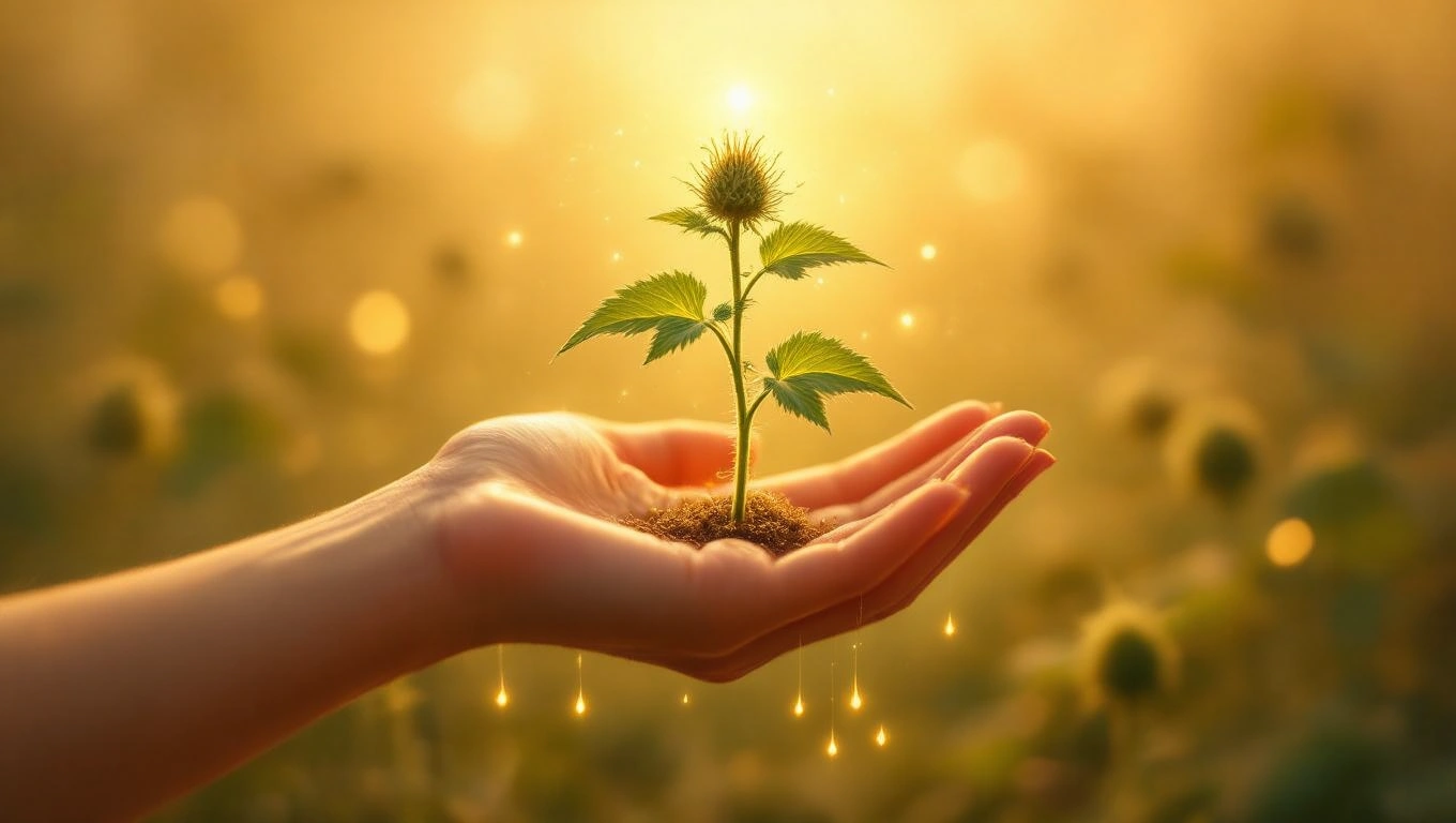 Mit jelent csalánnal álmodni? – Részletes álomfejtés és értelmezés Egy kézben tartott csalánpalánta, napfényben csillogva.