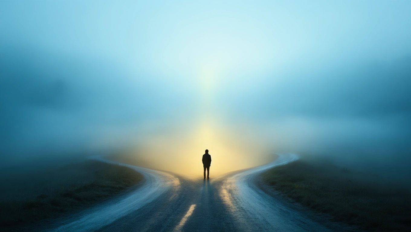 Egy ember áll egy elágazásnál, körülötte köd és fény, a döntés nehézségét szimbolizálva.