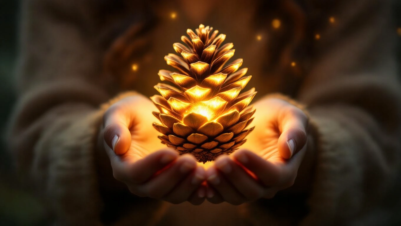 Két kézben tartott fenyőtoboz, amelyből fény árad, szimbolizálva a fejlődést.