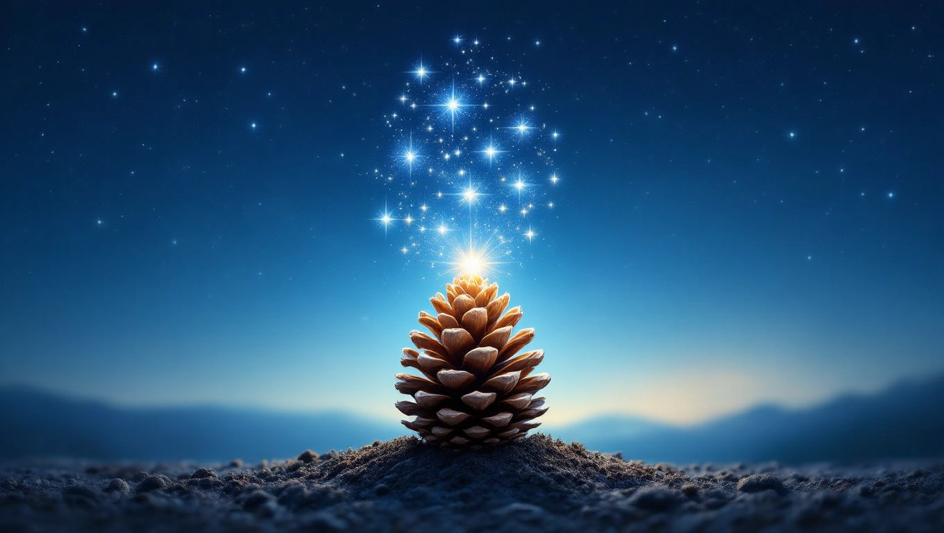 Egy fenyőtoboz ragyog a csillagos ég alatt, szikrázó fényekkel körülvéve.