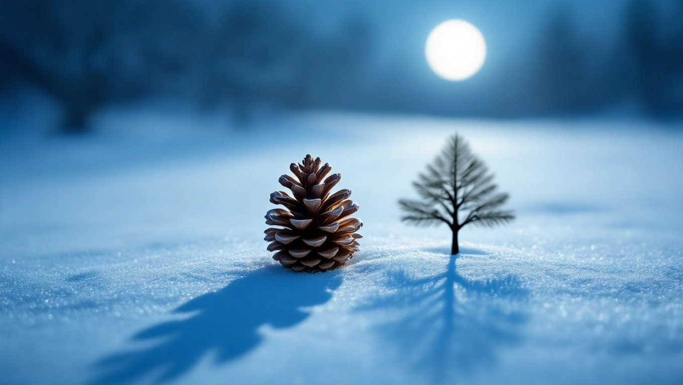 Egy fenyőtoboz és egy kis fenyőfa áll a hóban, a háttérben holdfény világít.