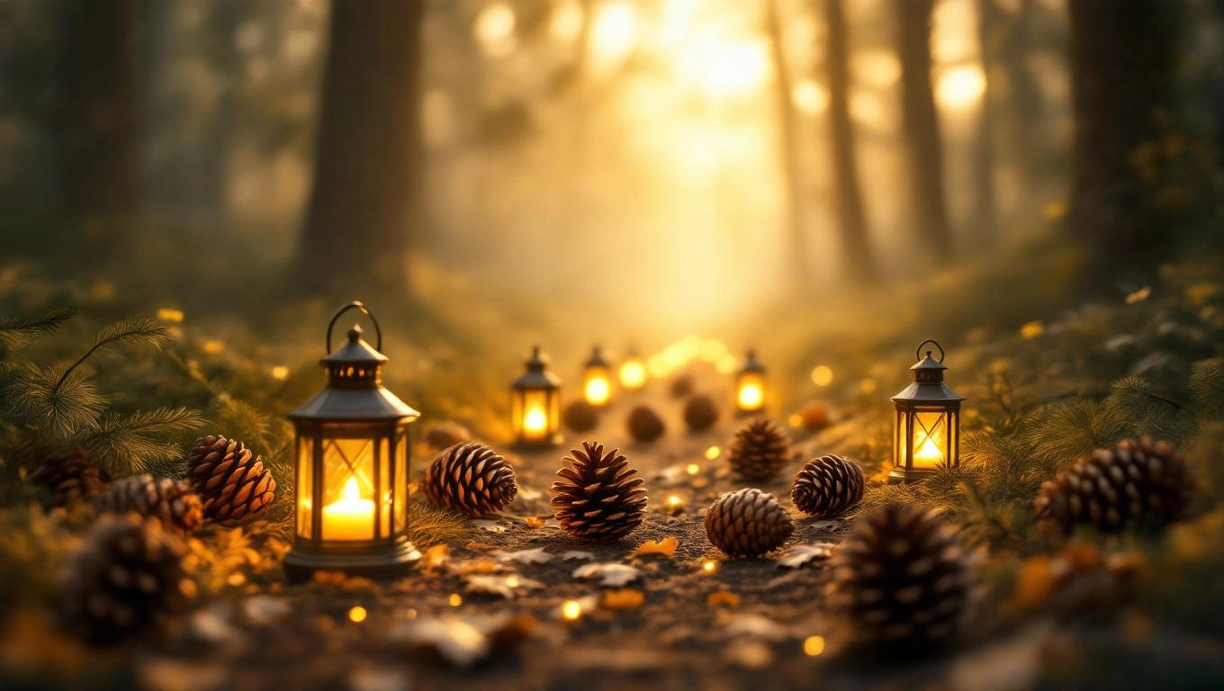 Fenyőtobozok és lámpások egy erdei ösvényen, napfényben.