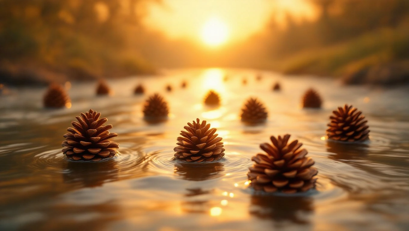 Fenyőtobozok úsznak a vízen, naplementében, természetes környezetben.