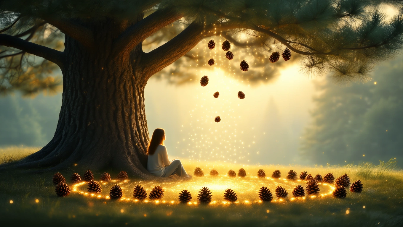 Egy nő ül egy fenyőfa alatt, fenyőtobozokkal körülvéve, varázslatos fényekkel.