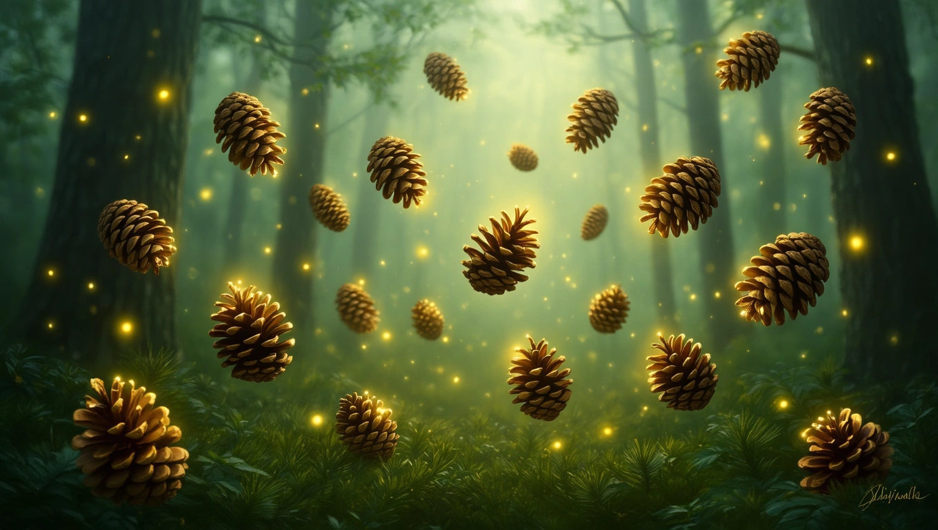 Fenyőtobozok lebegnek egy misztikus erdőben, lágy fényekkel körülvéve.