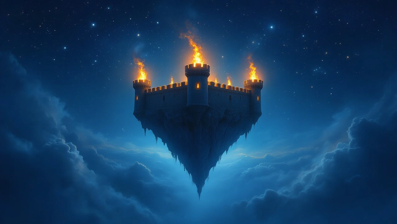 Függő bástya látható, amely lángokban áll, csillagos ég alatt.