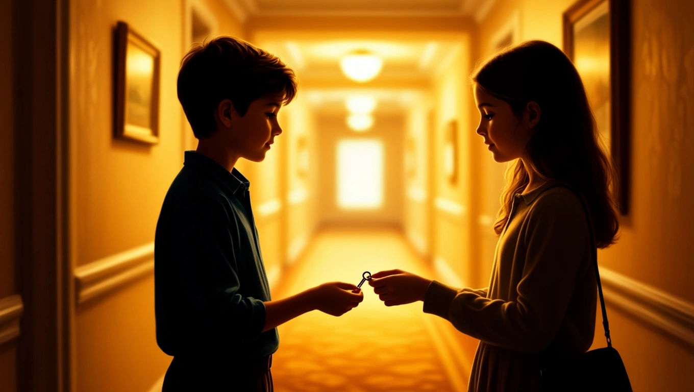Mit jelent hotellal álmodni? – Részletes álomfejtés és értelmezés Két gyermek áll egy hotel folyosóján, kulcsot adnak egymásnak.