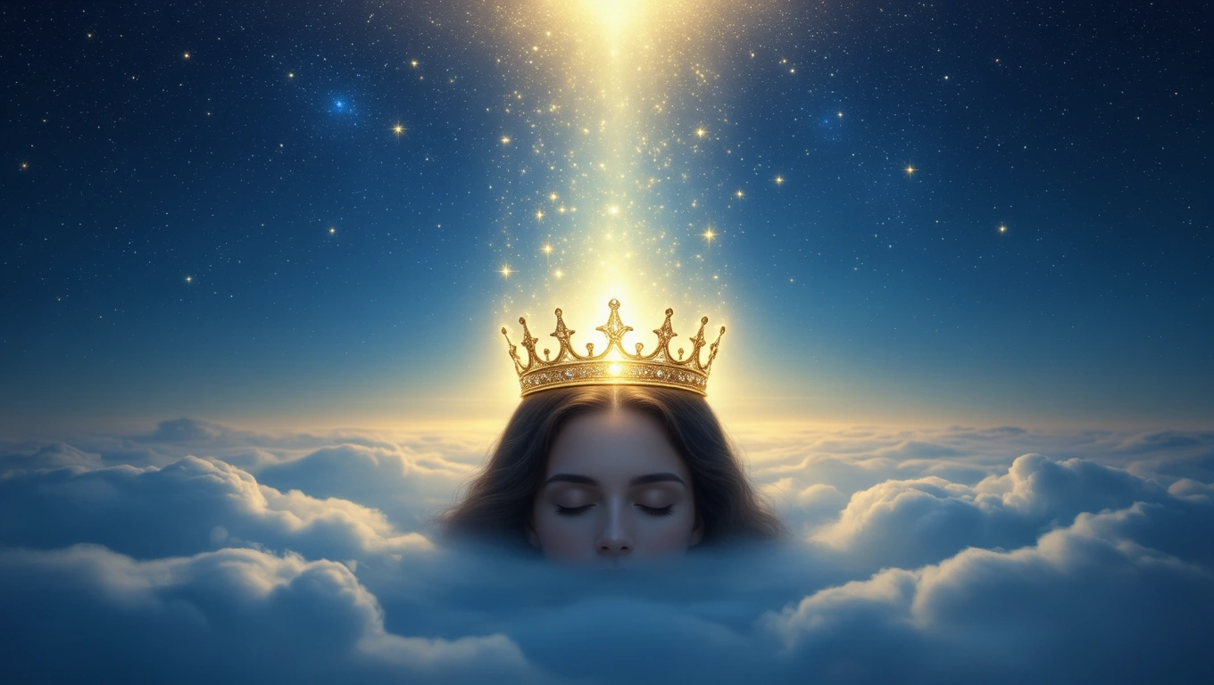 Mit jelent győzelemről álmodni? – Részletes álomfejtés és értelmezés Egy női alak feje koronával, csillagokkal teli égen, felhők között.
