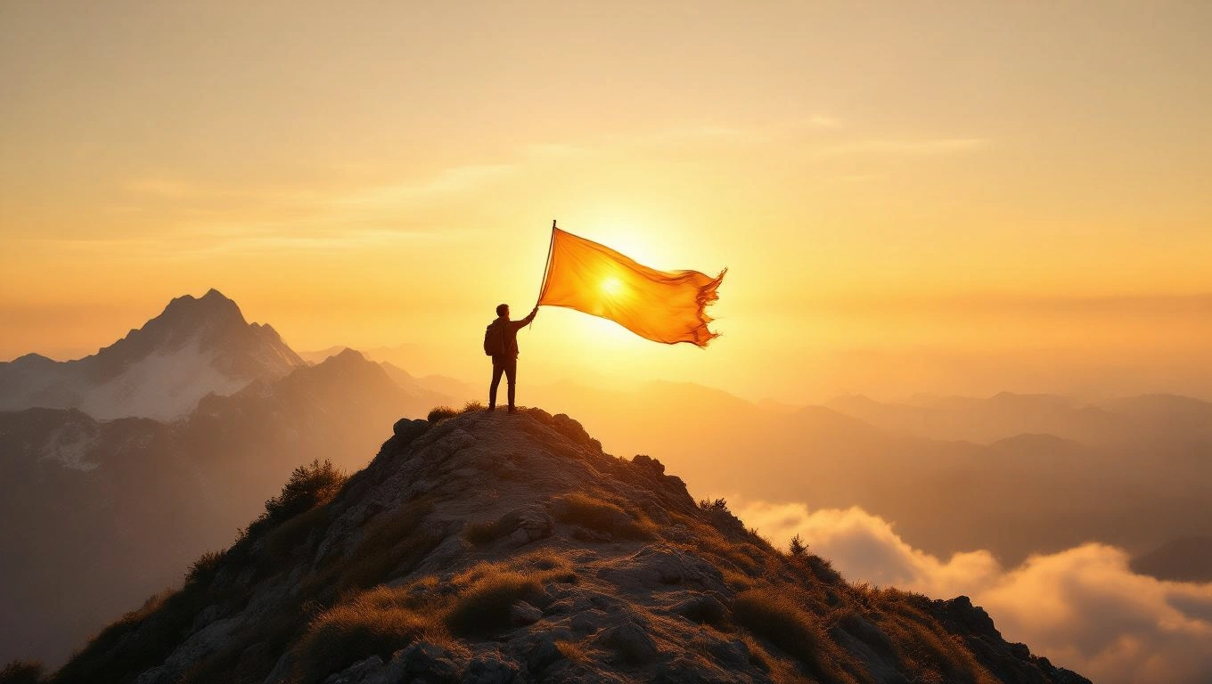 Egy ember áll a hegycsúcson, kezében lobogó zászlóval a naplementében.