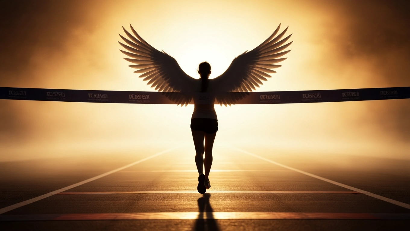 Mit jelent győzelemről álmodni? – Részletes álomfejtés és értelmezés Egy nő angyalszárnyakkal átlépi a célvonalat, győzelmet szimbolizálva.