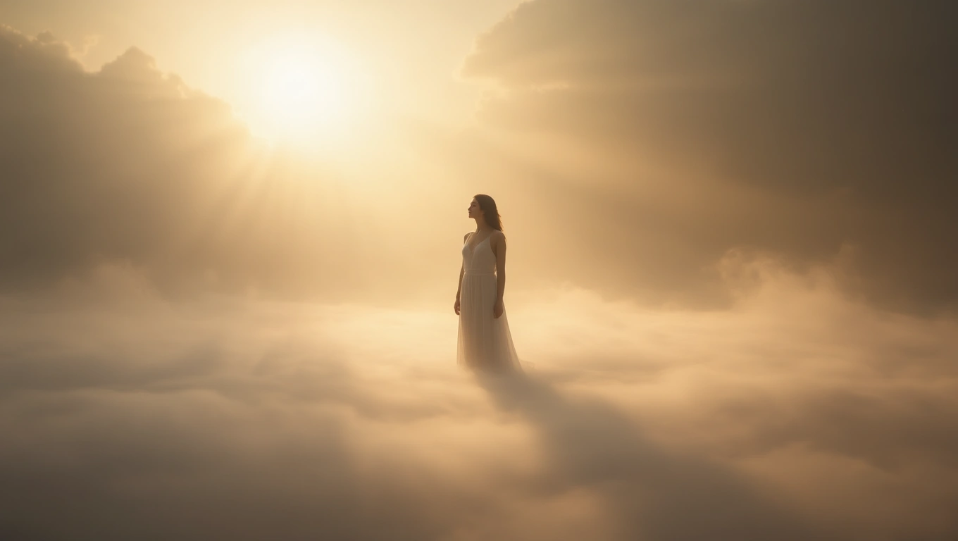 Mit jelent győzelemről álmodni? – Részletes álomfejtés és értelmezés Egy nő áll a felhők között, a napfény átsüt a ködön, szimbolizálva a győzelmet.